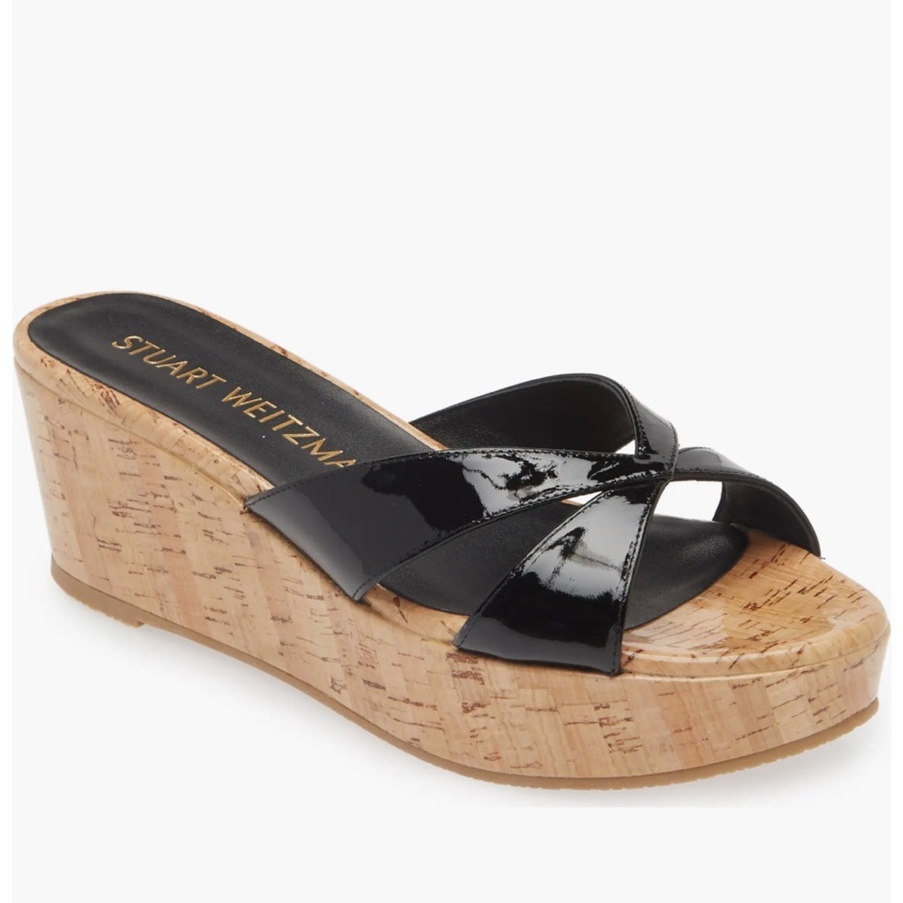Stuart Weitzman Black Patent Cork Wedge Slide Mules